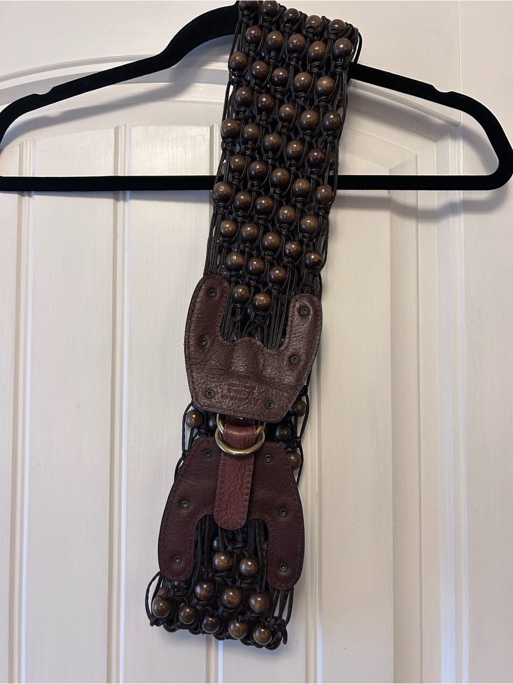 Anne Klein Brown Beaded Stretch Belt with Leather Trim